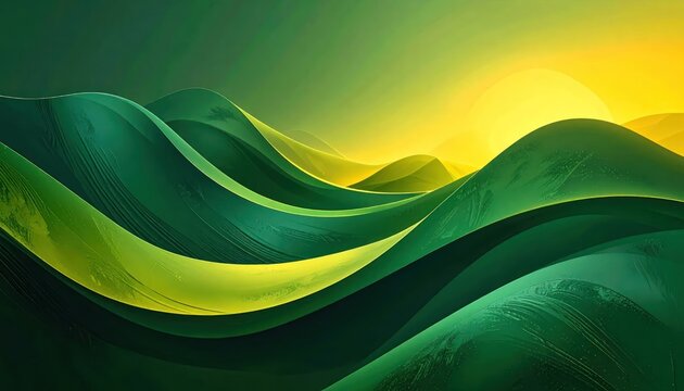 Abstract green hills and glowing sun at sunrise background