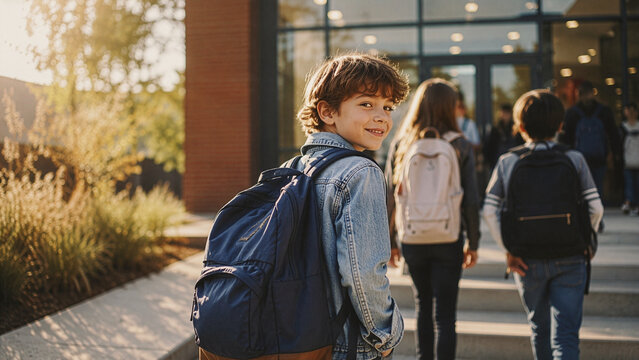 Smiling Schoolboy With Backpack Arriving at School on First Day