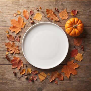 Autumnal flat lay with white ceramic plate. Rustic wooden table with orange fall leaves and pumpkin. Thanksgiving dinner mockup.