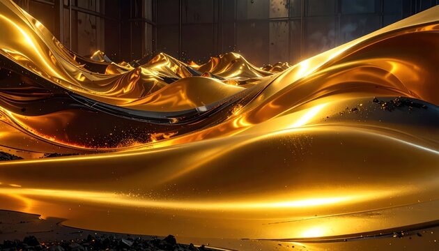 Liquid gold waves flowing in a dark industrial space