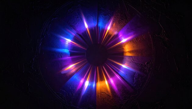 Futuristic digital iris with colorful glowing light beams on black