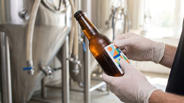 A person is holding a bottle of beer with colorful labels in a brewery. They wear gloves and are close to brewing tanks. Light enters through the windows