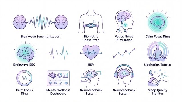 Set of brain health and mental wellness line art icons illustrating neurofeedback and biofeedback concepts for digital health applications