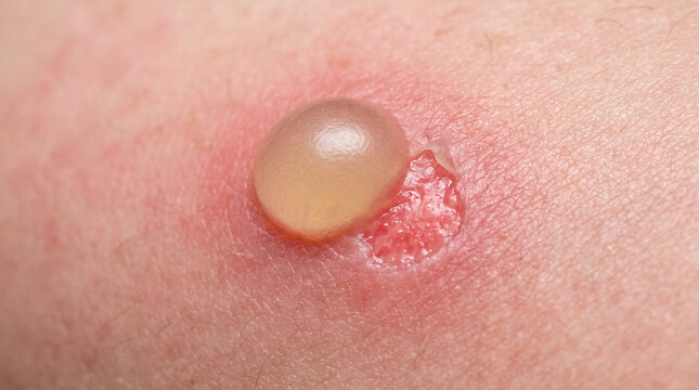 Fotograf&iacute;a m&eacute;dica macro de alta resoluci&oacute;n, primer plano extremo centrado puramente en una ampolla por quemadura de segundo grado fresca sobre piel humana