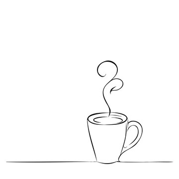 Minimalist black outline cup of steaming coffee or tea line art drawing on a transparent background for beverage designs.