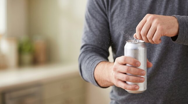 A man opens a can of soda in a well-lit kitchen. The sound of fizz is heard as the can is opened. The setting suggests a casual moment during the day