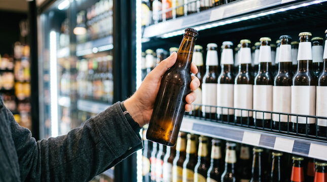 A person is holding a brown bottle of beer. They stand in a store aisle, looking at rows of various beer bottles on the shelves