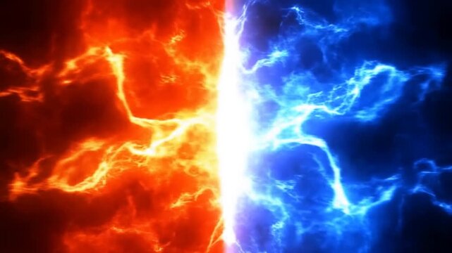 Orange and blue energy streams swirl around a bright divide against a dark abstract background
