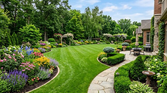 Beautifully landscaped backyard garden with a lush green lawn stone pathway and colorful blooming flower beds