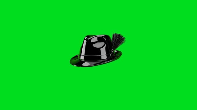 A shiny black fedora hat with a decorative feather against a green screen