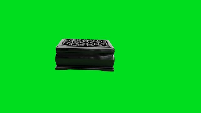 An elegant black lacquered jewelry box with a decorative lattice lid design