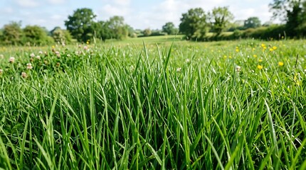 Fototapeta premium Close up view of lush green meadow grass with wildflowers in a rural summer landscape