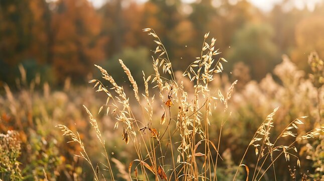 Close up view of golden meadow grass glowing in the warm sunset light during autumn