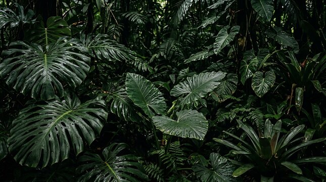 Lush green tropical rainforest vegetation with large monstera leaves and various exotic plants in a deep jungle setting