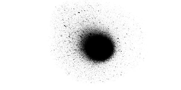 Black spray paint bold circle with heavy particle scatter splatter isolated on white background, grunge ink dark round blot explosive dot burst texture overlay, urban street art abstract impact design