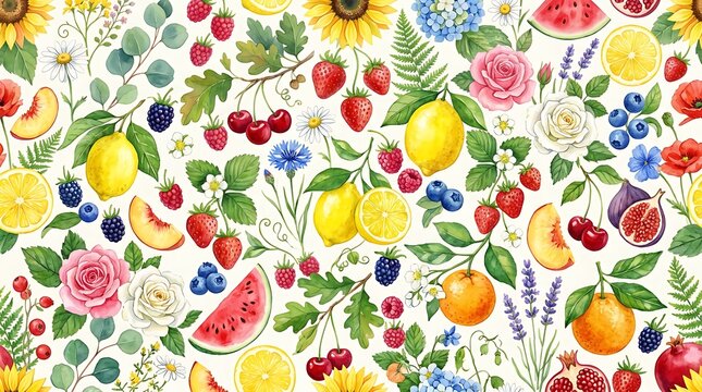 Seamless watercolor pattern with vibrant summer fruits and beautiful garden flowers
