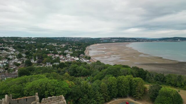 Aerial View of Swansea Castle in Wales and Swansea bay, UK