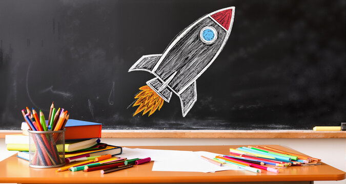 Start School Concept - Supplies On Desk And Rocket Drawn On Blackboard
