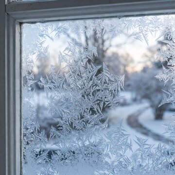 Frost patterns on window glass, winter ice crystals on windowpane, frozen window with snowy landscape background