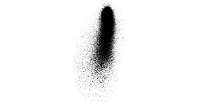 Black spray paint splatter texture with slanted vertical streak on white background, abstract grunge dark tilted bar fading into scattered dust for design overlay