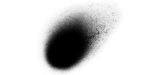 Naklejka premium Black spray paint splatter texture with tilted oval dense blob on white background, abstract grunge diagonal dark cluster with soft edges for design overlay