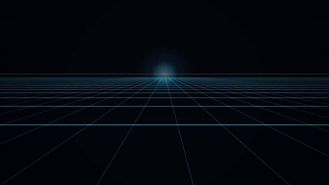 Abstract digital landscape with a glowing horizon and perspective grid lines