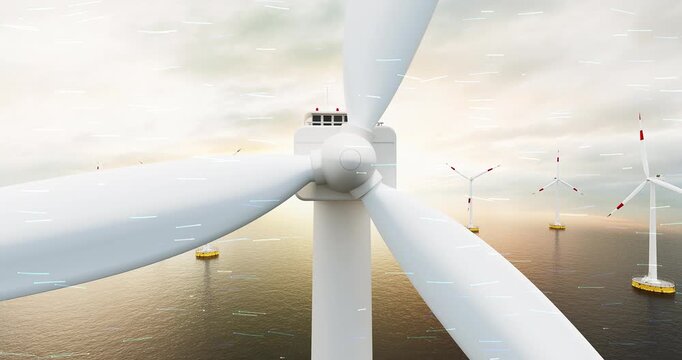 Next-generation offshore wind energy technology with floating wind turbine 3D render. Sustainable energy related 3d animation.