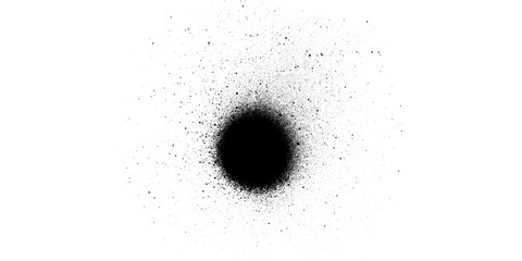 Naklejka premium Black spray paint splatter texture with centered round dark spot on white background, abstract grunge circular cluster with fine scattered dust for design overlay