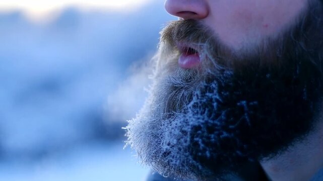 Bearded man with frostcovered facial hair in a cold outdoor setting, closeup profile
