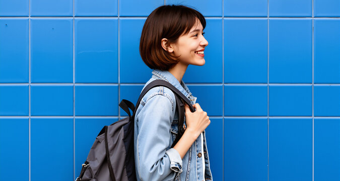 Side view crop female student in casual wear with backpack standing against blue tiled wall and looking away with smile
