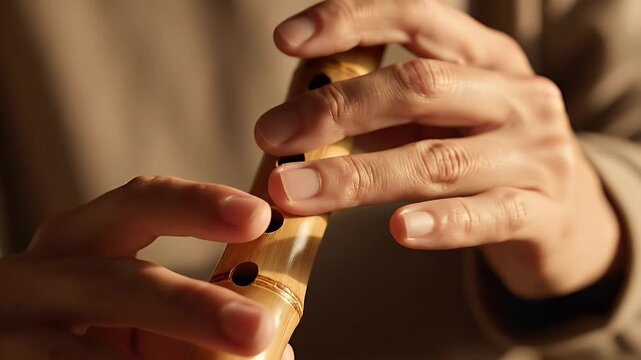 Macro close-up of a musician's hands fingering a wooden recorder during practice