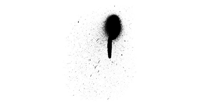 Black spray paint splatter texture with teardrop blob and thin drip line on white background, abstract grunge shape with scattered dust for design overlay