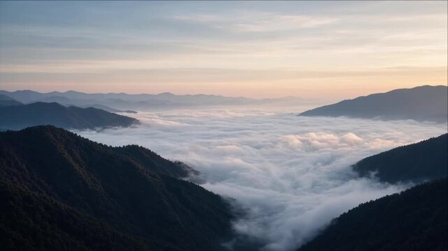 Cinematic Tropical Landscape Timelapse Background with Misty Mountain Valley, Layered Ridge, Rolling Cloud, Pastel Sunrise, Tranquil Travel Nature Scene