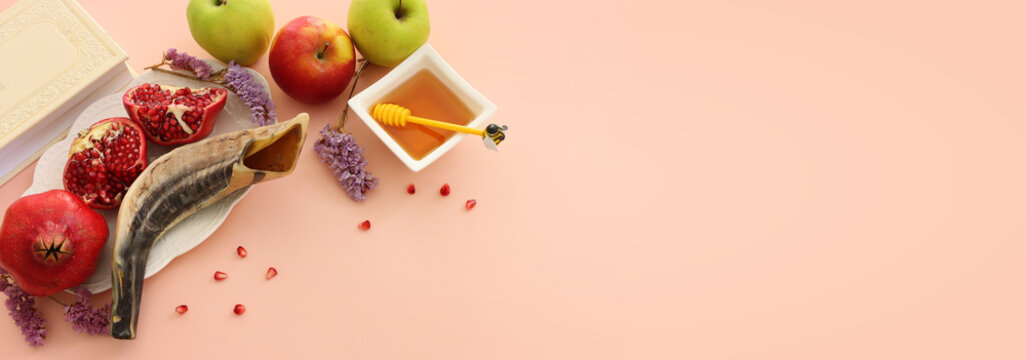 Rosh hashanah (jewish New Year holiday) concept. Traditional symbols