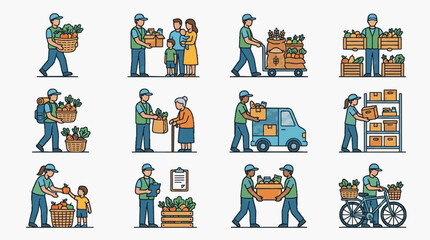 Naklejka premium Vector illustration set showing food donation logistics, humanitarian aid workers delivering fresh produce, volunteers helping families, and warehouse food distribution scenes.
