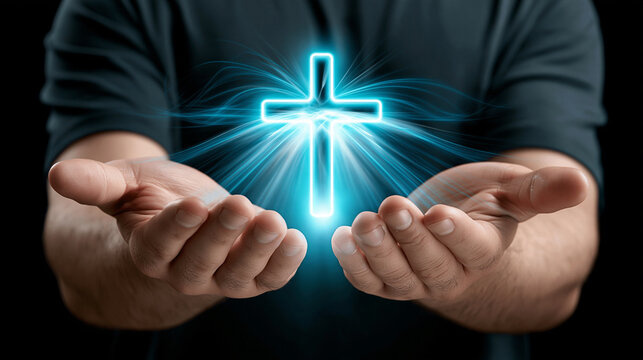 A man holds a glowing blue cross symbol between his open palms.