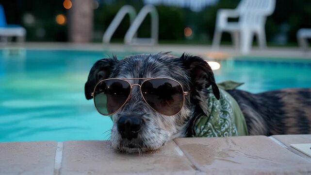 Funny dog wears sunglasses in blue summer pool water. Cool pet dog relaxes on swimming pool edge. Wet dog resting chin on pool side looks adorable. Happy pet animal enjoys sunny summer vacation.