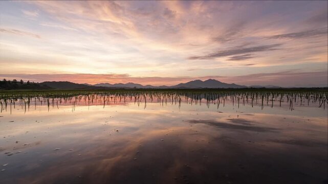 Cinematic Tropical Landscape Timelapse Background at Sunset with Wetland Reflection, Mountain Silhouette, Vineyard Rows, and Dramatic Evening Sky for Serene Travel Media Content