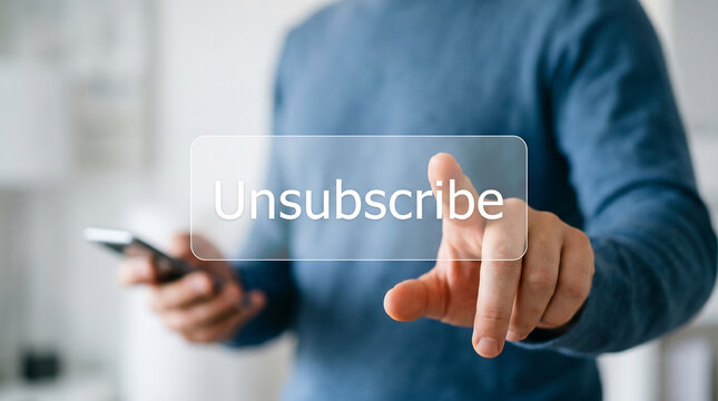A man in a blue sweater touches a digital screen to select the unsubscribe button interface