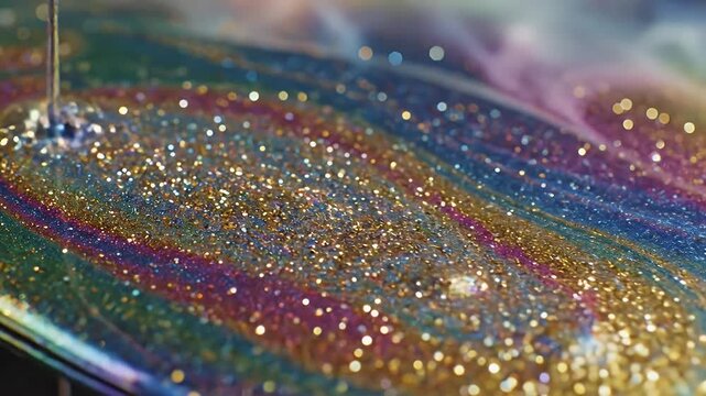 Macro shot of iridescent glittery epoxy droplets resting on a dark reflective surface