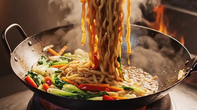 Fresh delicious noodles being cooked in a hot metal wok with vegetables.