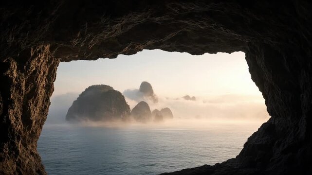 Cinematic Tropical Landscape Timelapse Background Inside Rugged Sea Cave with Misty Karst Island, Rock Formations, Calm Ocean, Atmospheric Sunrise Light, Serene Seascape