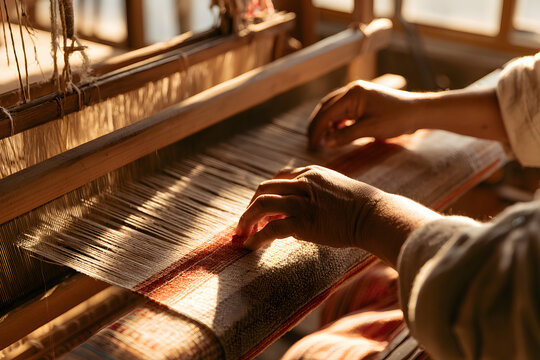Close up of hands weaving traditional textile on a wooden loom