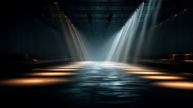 A dark fashion runway illuminated by dramatic spotlights with seating on the background.