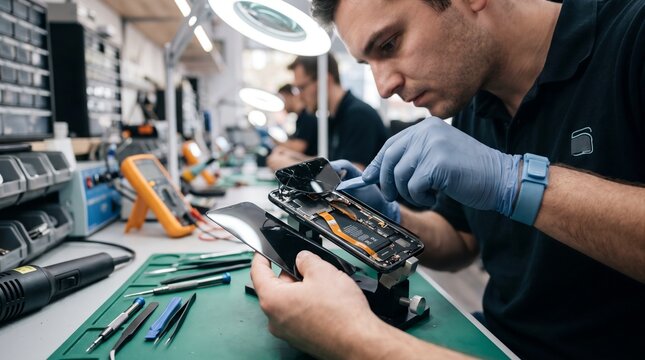 Technician repairing smartphone hardware and electronic components in workshop