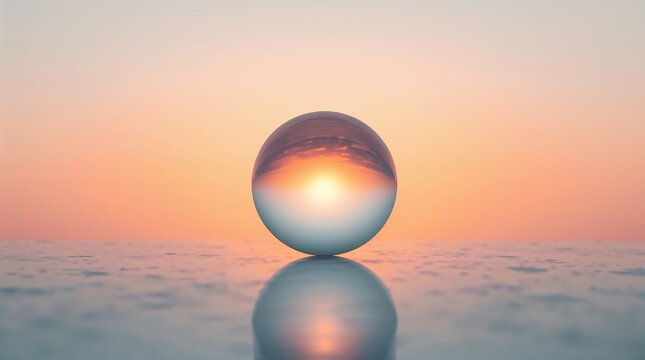 Crystal Glass Ball Reflecting Sunrise Over Misty Horizon Clarity Concept