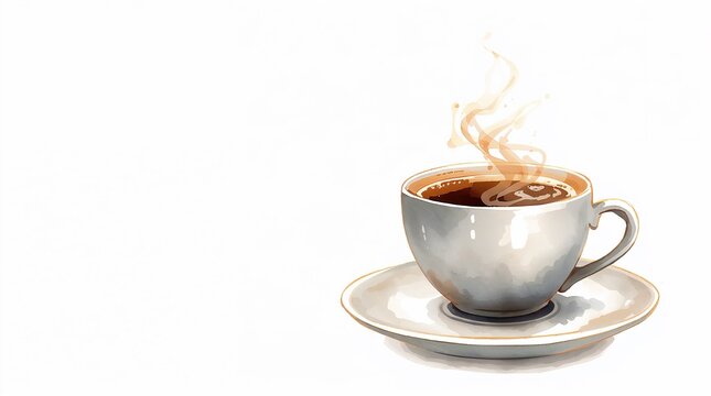 Steaming Hot Coffee Cup on Saucer Watercolor Illustration White Background