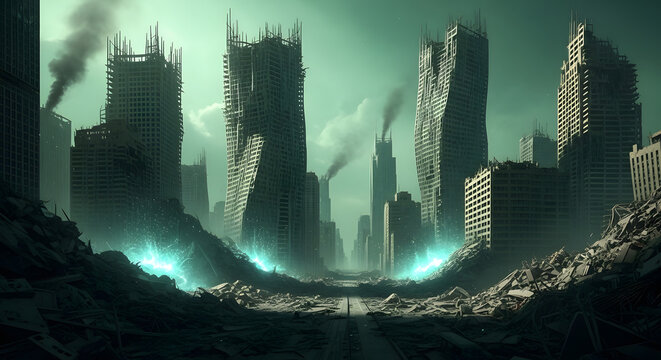 Dilapidated skyscrapers stand amidst debris with glowing blue energy remnants under a dark green sky in a ruined city landscape