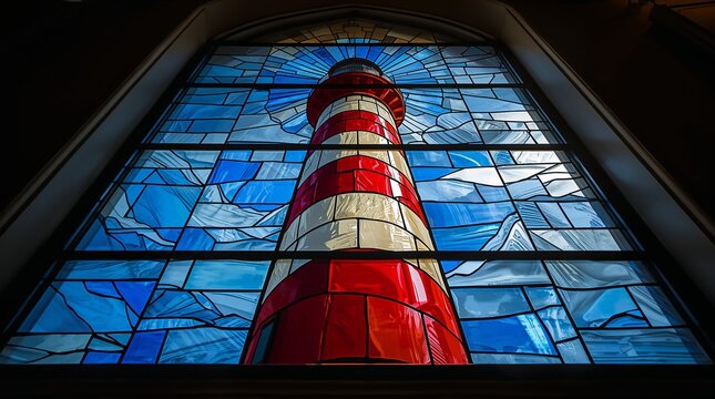 Stained Glass Lighthouse Red and White Stripes Glowing Navigation Concept