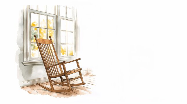 Wooden Rocking Chair by Sunlit Window Watercolor Illustration Relaxation Concept